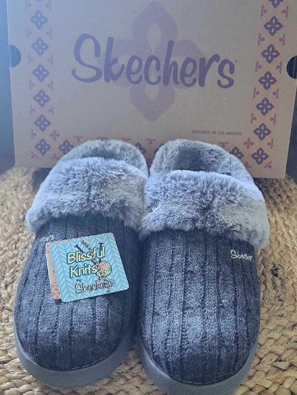 Skechers Kids Gray Plush Knit Slip-On Slippers